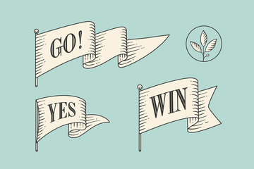 Wall Mural - set of old vintage flag with linear drawing of rays and text on flag go, yes, winner. vintage drawin