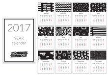 Calendar 2017 Year, A4 Cards Vector With Hand Drawn Textures, Week Starts Sunday.