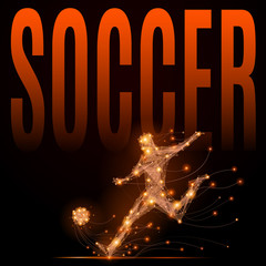Poster - Soccer player hits the ball. Abstract silhouette of football player of glowing lines and points in motion. Imitation fiery athletes body. Vector sport illustration on black background