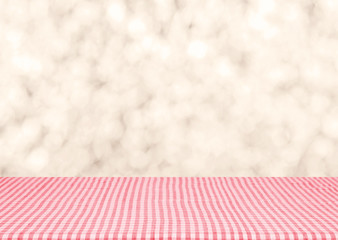 Wall Mural - Empty red tablecloth material wooden, deck with blur background