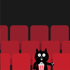 Sticker - Cat sitting in movie theater eating popcorn.  Cute cartoon character. Film show Cinema background. Viewer kitten watching movie. Red seats hall. Dark background. Flat design