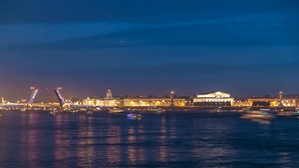 Wall Mural - Opening Palace Bridge timelapse, a lot ships and boats. Russia, Saint-Petersburg