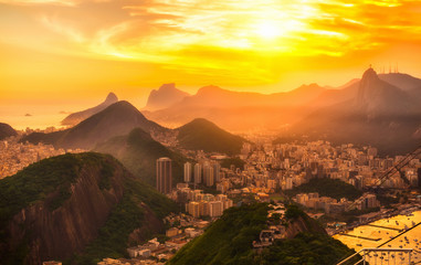 Fototapete - Sunset view of Botafogo, mountain Corcovado and Christ the Redeemer  in Rio de Janeiro. Brazil