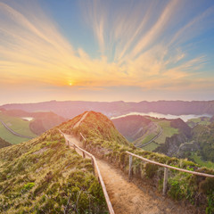 Wall Mural - mountain landscape with hiking trail and view of beautiful lakes, ponta delgada, sao miguel island, 