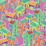 Fototapeta Do akwarium - Cartoon Houses set. Colorful Vector seamless pattern.
