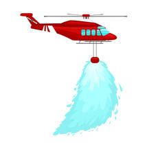 Red Emergency Propeller Helicopter In The Air With Water For Extinguish Danger Fire. Rescue Aircraft Flight For Water Transportation Isolated Vector Illustration