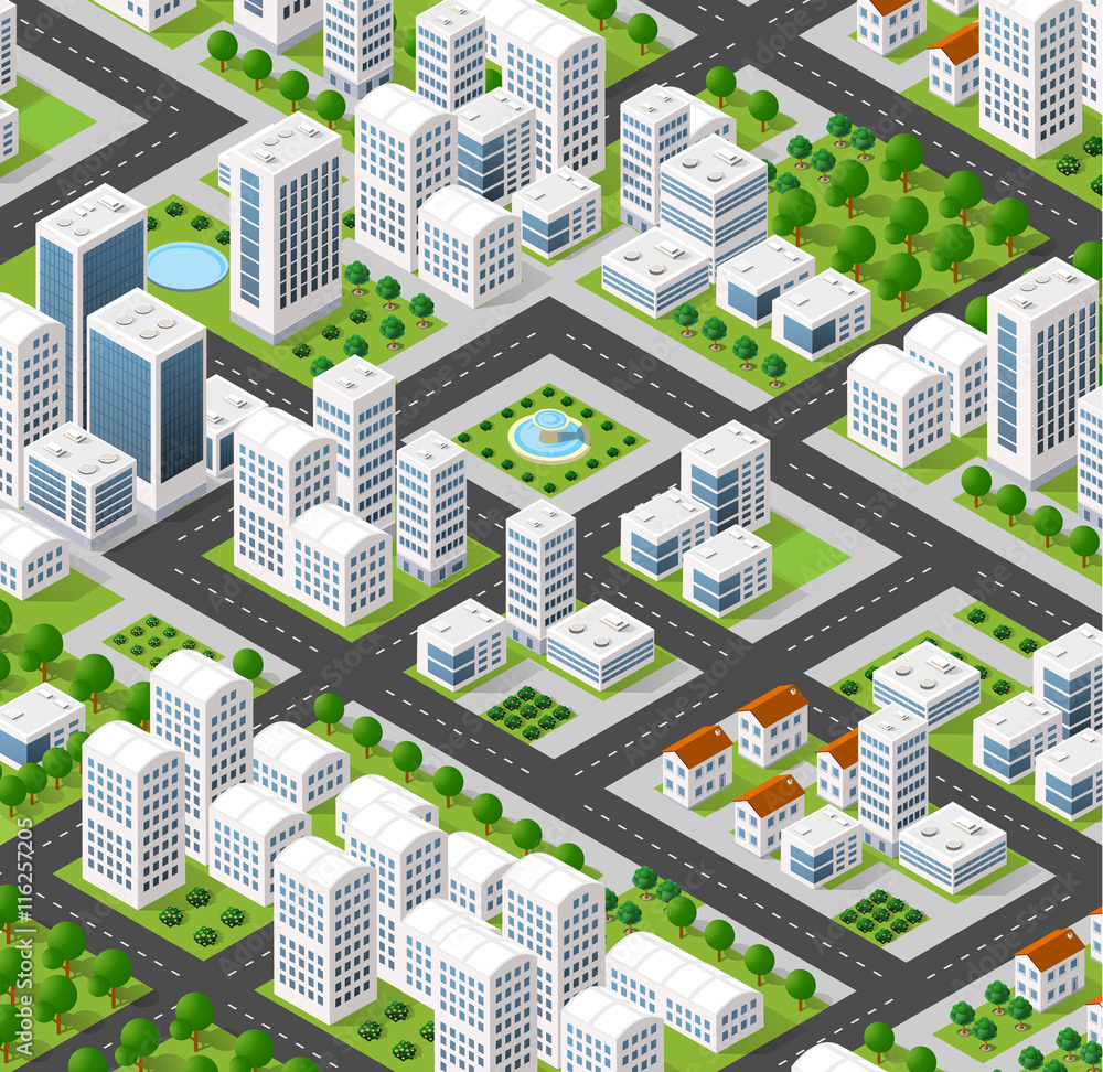 3D isometric city landscape of skyscrapers, houses, gardens and streets ...