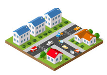 3D Isometric Landscape Of A Small Town With Houses And Streets With Trees