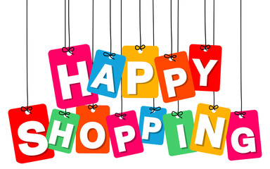 Poster - Vector colorful hanging cardboard. Tags - happy shopping