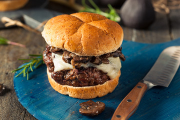 Canvas Print - Homemade Grassfed Mushroom and Swiss Cheese Hamburger