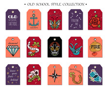 Hand Drawn Old School Tattoo Tags. Design Elements. Vector Vintage Set.