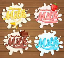 Wall Mural - Milk labels splash on wood background.