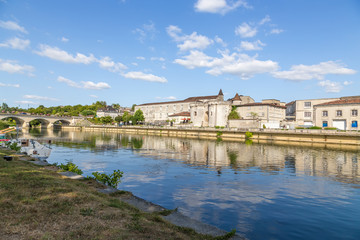Wall Mural - cognac, france. quay of the charente river. from left to right: the bridge, the castle of valois (x 