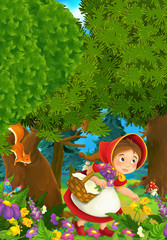 Sticker - Cartoon scene on a happy girl inside colorful forest - illustration for children