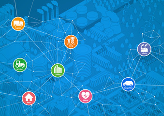 Aufkleber - smart city line drawing illustration with various technological icons, futuristic cityscape and modern lifestyle, smart gird, IoT(Internet of Things), ICT(Information Communication Technology)