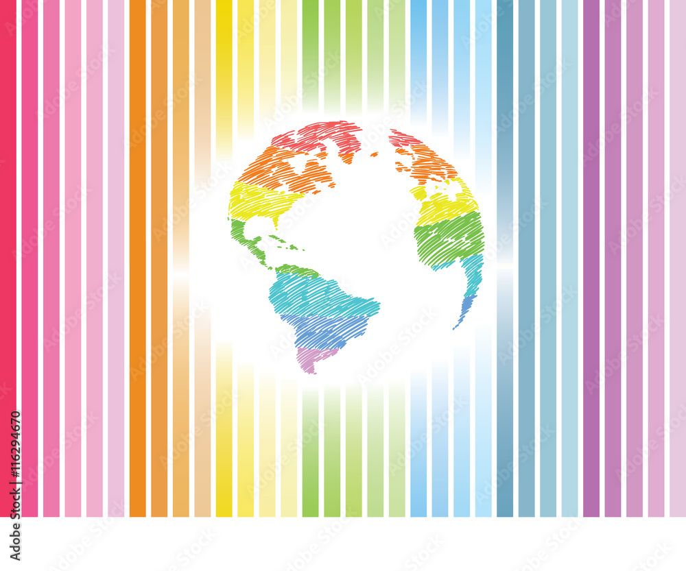 Earth icon hand-drawn on colors of the rainbow background. Earth icon in doodles style