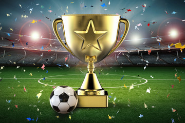 Wall Mural - gold star trophy and soccer ball with soccer stadium and confetti background