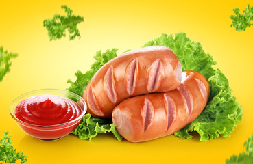 Wall Mural - Fried sausages with ketchup and lettuce