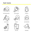 Hair vector icons set: straightening, coloring, hairstyle, curli