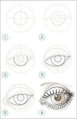 Wall Mural - Page shows how to learn step by step to draw an eye. Developing skills for drawing. Vector image.