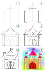 Wall Mural - Page shows how to learn step by step to draw a caste. Developing children skills for drawing and coloring. Vector image.
