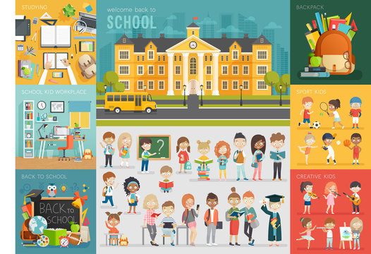 Fototapete - School theme set. Back to school, workplace, school kids and other elements.