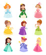Cute collection of beautiful princesses vector character set. Collection adorable elegance style princess little girls. Princess fashion fairytale costume, magic fantasy cute dress crown girl.
