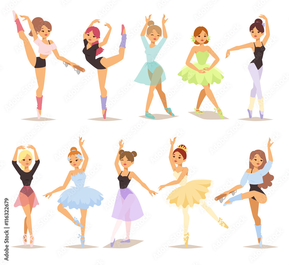 Six silhouette collection of female modern contemporary ballet dancer. Professional ballet dancer posing. Beautiful female young tutu woman ballerina dancers characters set. Performer beauty exercise - obrazy, fototapety, plakaty 