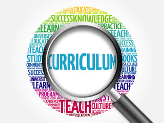 CURRICULUM word cloud with magnifying glass, concept 3D illustration