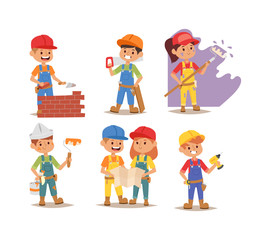 builders kids boy and girl builder with tools. vector character builder kid, cute child construction