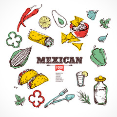 handdrawn icons Mexican food.