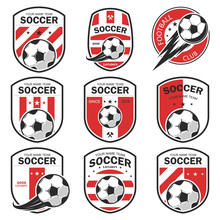 Vector Illustration Set Of Logos On Football Theme, As Well As Items For The Game Of Football. It Can Be Used As An Emblem, Logo And Template For Soccer Tournaments.