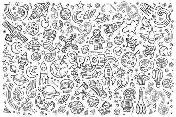 sketchy vector hand drawn doodles cartoon set of space objects
