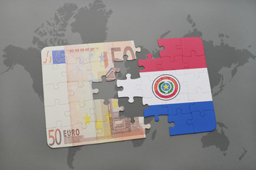 puzzle with the national flag of paraguay and euro banknote on a world map background.