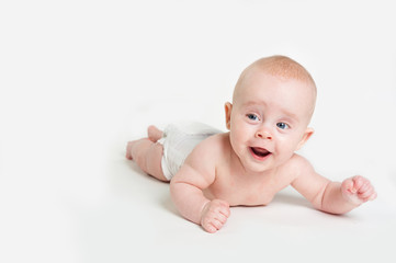 Wall Mural - Portrait of adorable baby girl isolated on white background