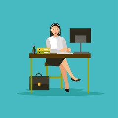 Wall Mural - female operator in call center concept vector banner. woman with headset and computer. customer serv