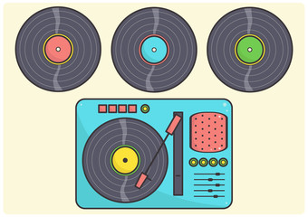 Wall Mural - Blue record player with vinyl records