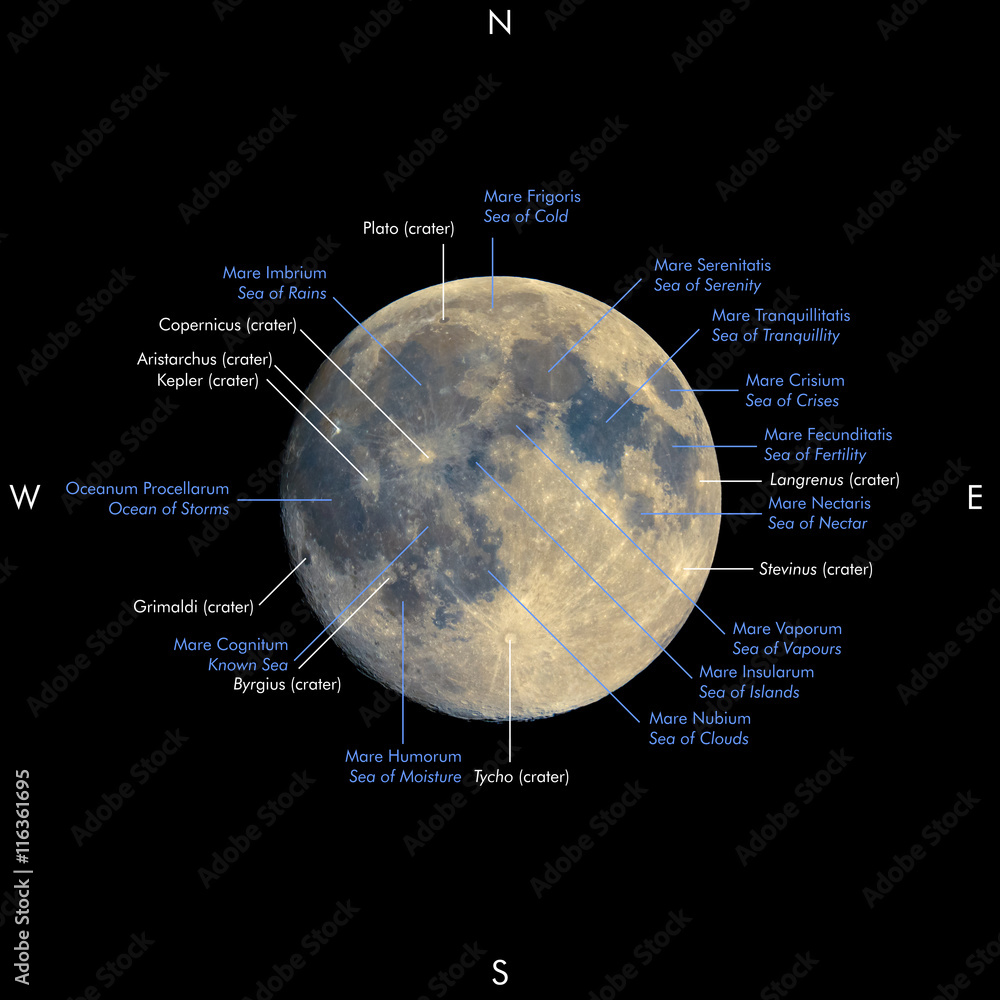 Map of the moon, names in Latin and English. Enhanced colours to show ...