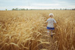 © kristinakibler - BACK VIEW: A little girl runs on a yellow agricultural field
