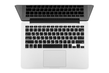 Top view of modern retina laptop isolated on white background, c