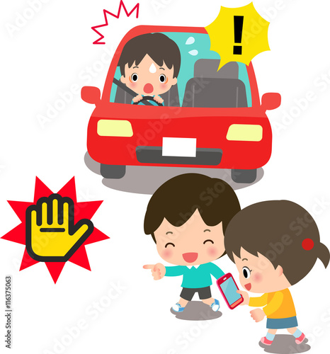子どもの歩きスマホと交通事故のイメージイラスト Adobe Stock で