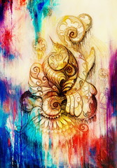 Fototapete - ornamental filigran drawing on paper with spirals, flower petals and flame structure pattern, Color effect and Computer collage.