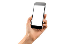 Mockup Of Feamle Hand With A Black Cellphone With White Screen Isolated