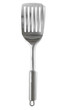 A silver metal cooking spatula isolated on a white background