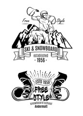 Wall Mural - vintage labels with man, snowboard, mountains, text on white bac