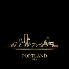 Gold silhouette of Portland on black background, vector illustra