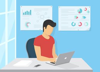 Wall Mural - young man sitting in the office at work desk and working with laptop. flat modern design of freelanc