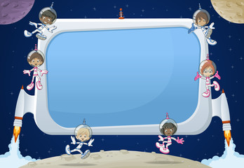 Futuristic rocket screen board with astronaut cartoon children in the space.
