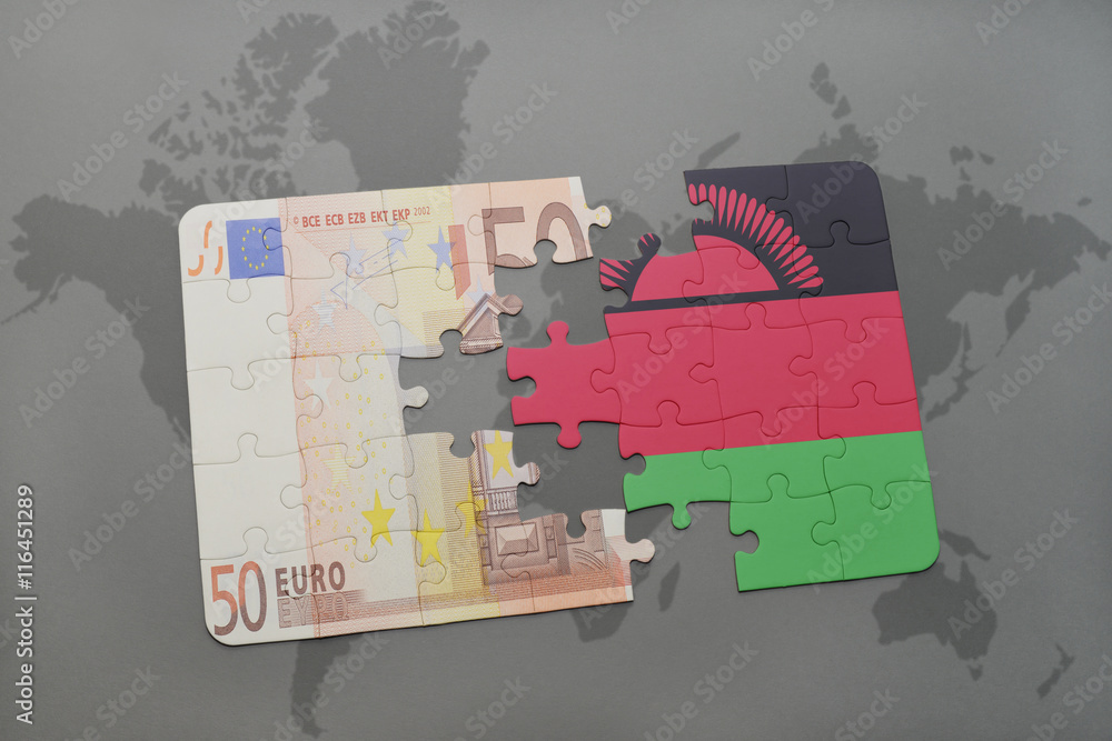 puzzle with the national flag of malawi and euro banknote on a world ...