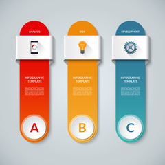 Wall Mural - Infographic template with 3 options, steps, parts, circles, vertical bars. Vector banner with the set of flat icons and design elements. Can be used for graph, chart, diagram, report, web design